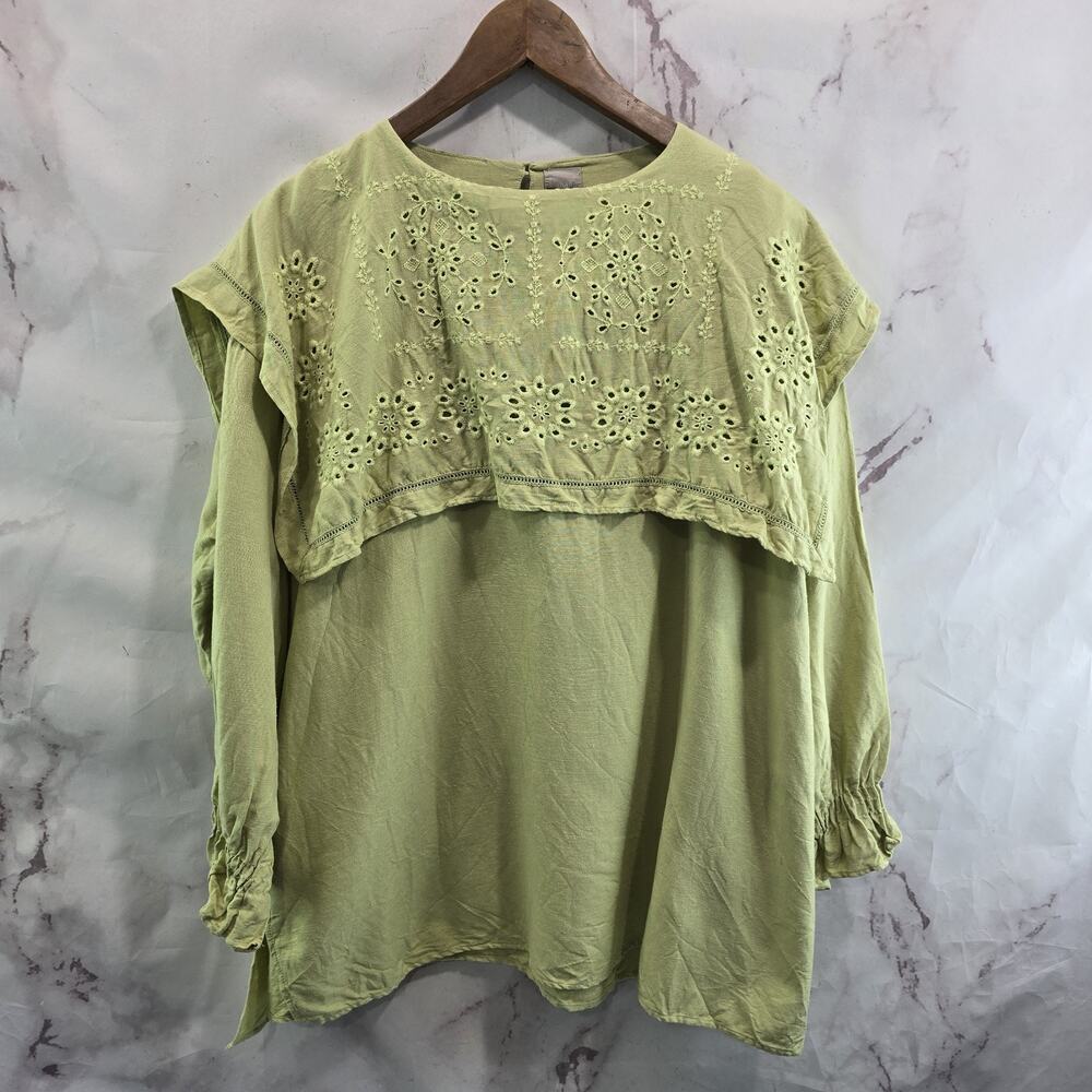 Tsuharu Samansa Shirt Womens XL Green Linen Lagenlook Peasant Nautical